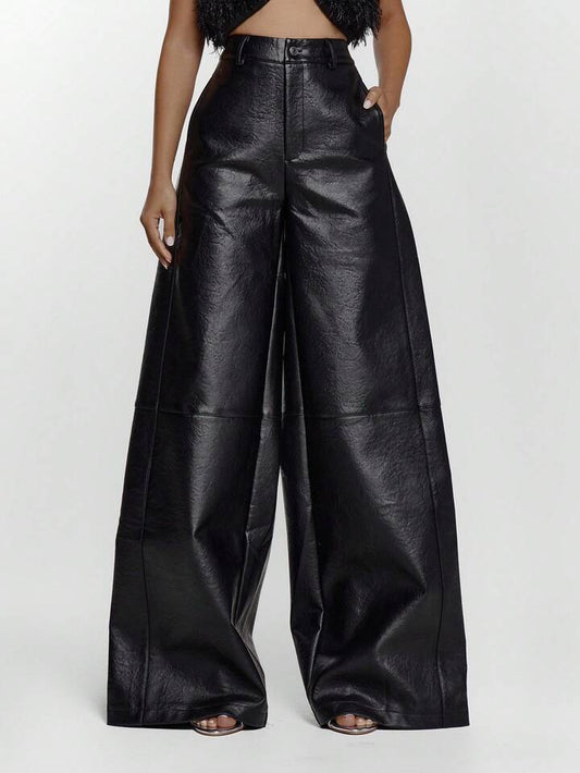 CM-BS001657 Women Elegant Seoul Style Faux Leather Wide Leg Mid Waist Trouser - Black