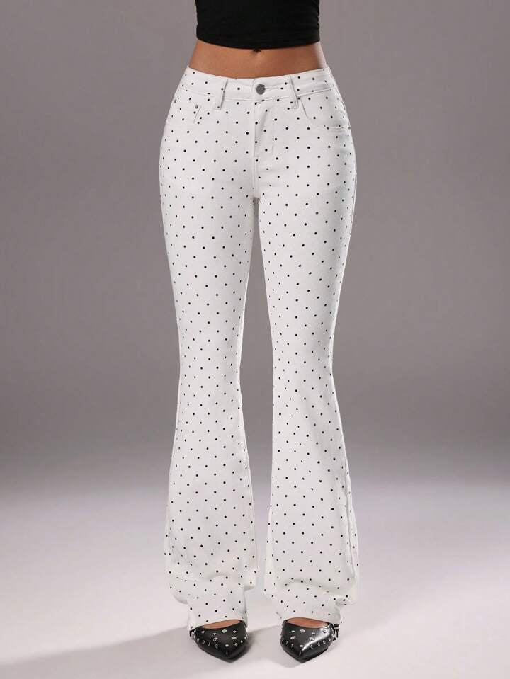 CM-BS188025 Women Casual Seoul Style Polka Dot Low Waist Flare Leg Jeans - White