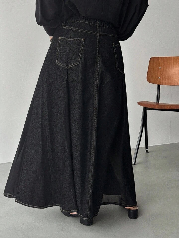 CM-BS090791 Women Casual Seoul Style Solid Color Mid Waist Slit Sheer Denim Maxi Skirt - Black