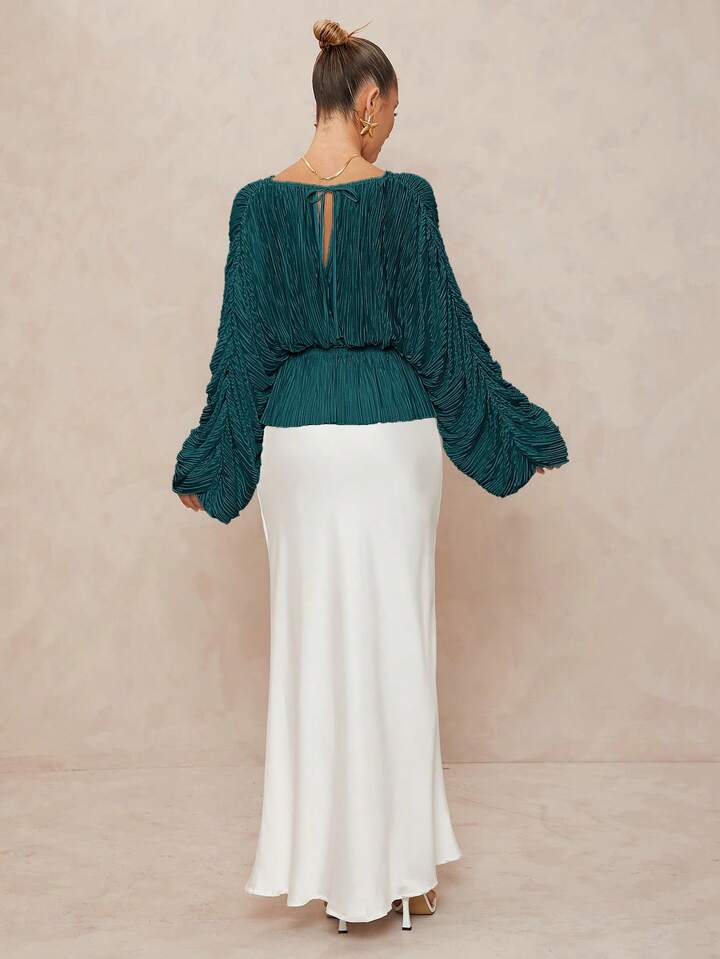 CM-TS230198 Women Elegant Seoul Style Deep V-Neck Long Sleeve Loose Fit Ruffled Hem  Oversized Blouse - Teal Blue