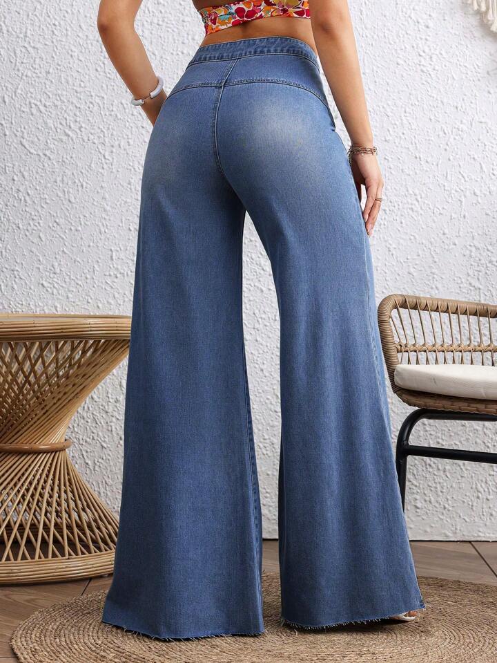 CM-BS226495 Women Casual Seoul Style Medium Wash Loose Button Zipper Mom Fit Wide Leg Denim Pants