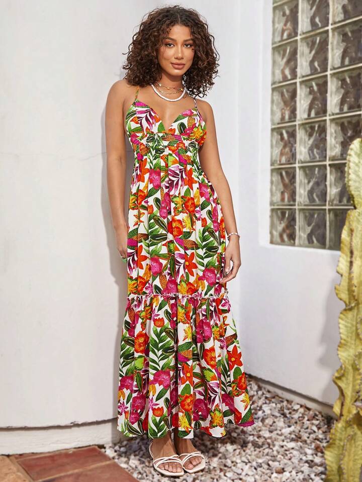 CM-DS573483 Women Trendy Bohemian Style Floral And Plant Print Strappy Backless Dress With Tie Backs