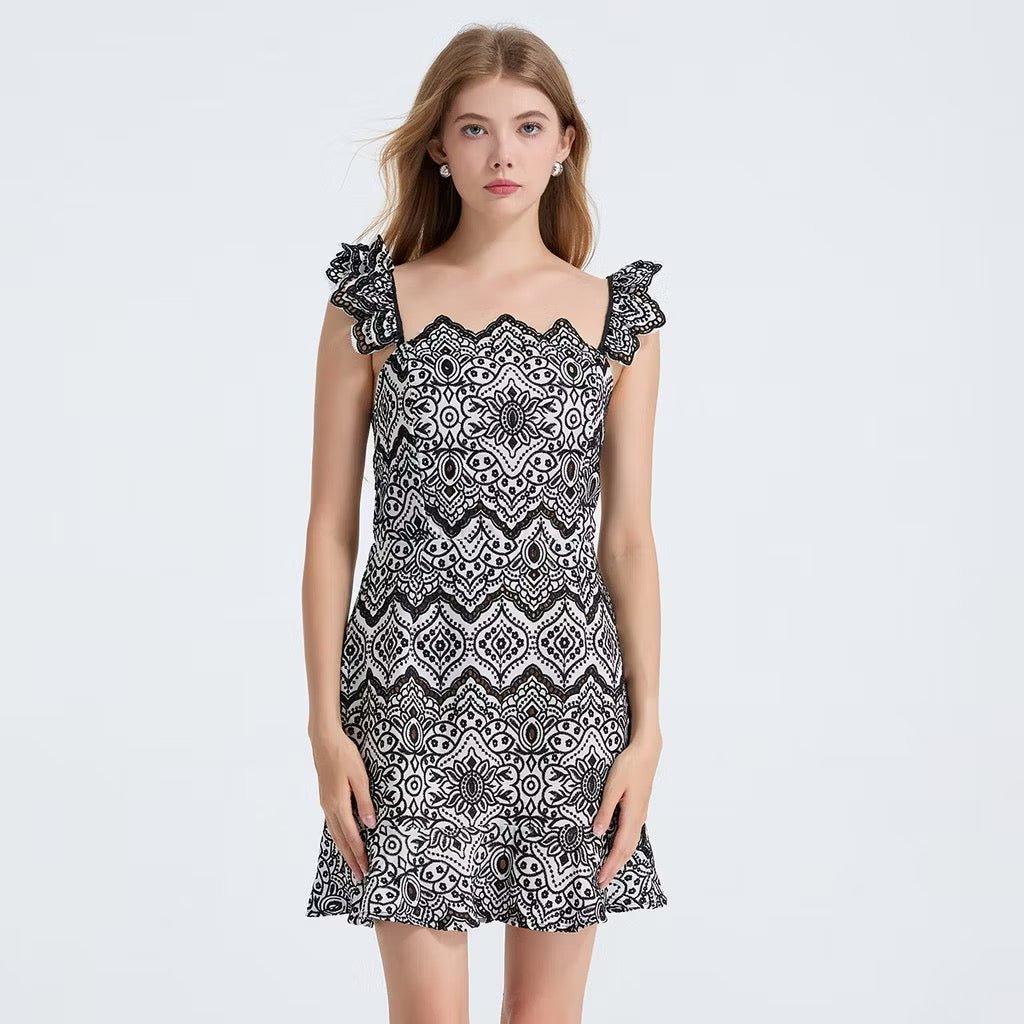 CM-DY053338 Women Elegant European Style Square Collar Sleeveless Embroidery High Waist Slim Mini Dress - Black