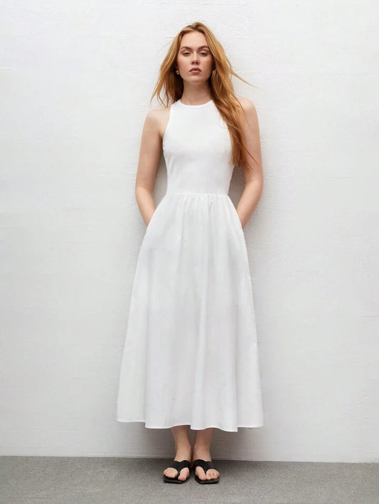 CM-DS653316 Women Trendy Bohemian Style Round Neck Sleeveless High Waist Slim Fit Dress - White