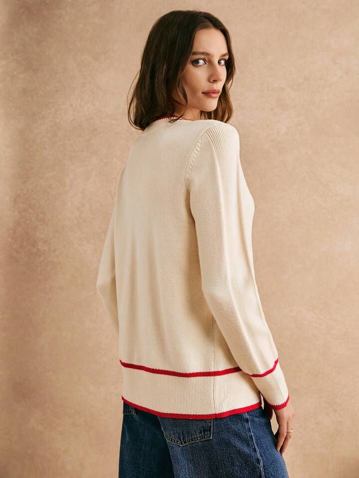 CM-CS363235 Women Casual Seoul Style V-Neck Long-Sleeved Contrasting Edge Design Cardigan - White