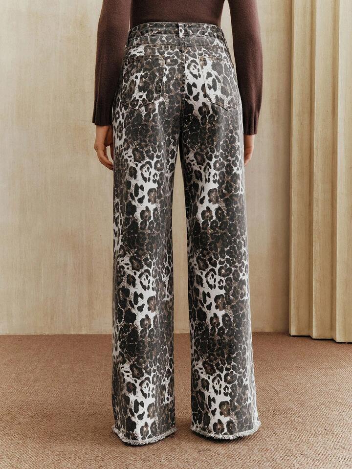 CM-BS966323 Women Casual Seoul Style High Waist Pockets Leopard Print Wide Leg Loose Jeans