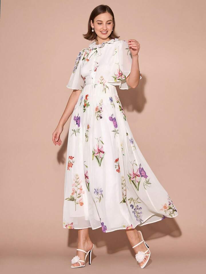 CM-DS117451 Women Elegant Seoul Style Round Neck Floral Pleated Hem Trumpet Short Sleeves Maxi Dress
