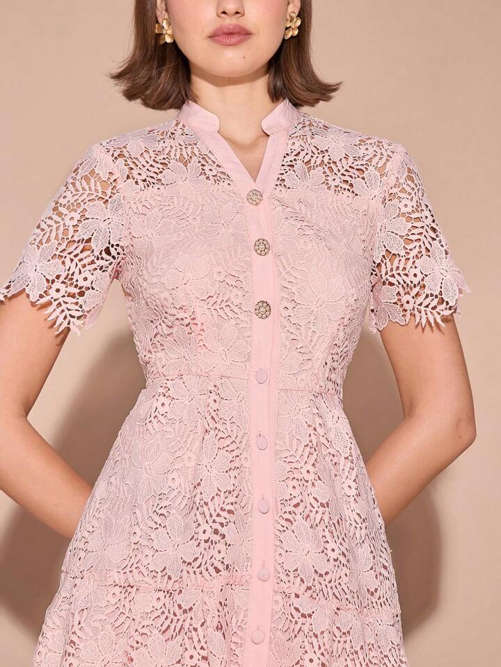 CM-DS155006 Women Elegant Seoul Style V-Neck Lace Short Sleeve Single-Breasted Mini Dress - Pink