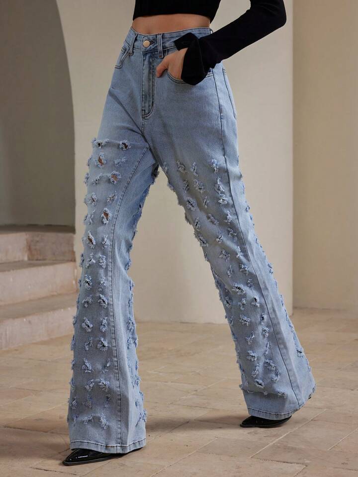 CM-BS416899 Women Casual Seoul Style High Waist Skinny Flared Leg Jeans - Blue