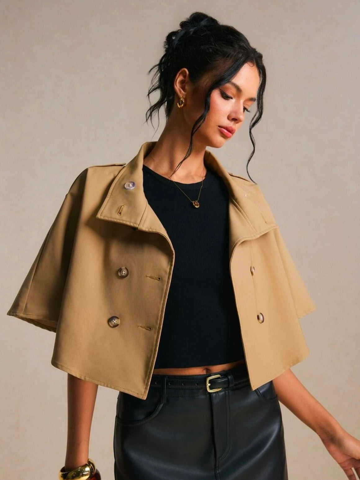 CM-CS799344 Women Elegant Seoul Style Short Sleeve Cropped Double Breasted Cape Trench Coat - Brown