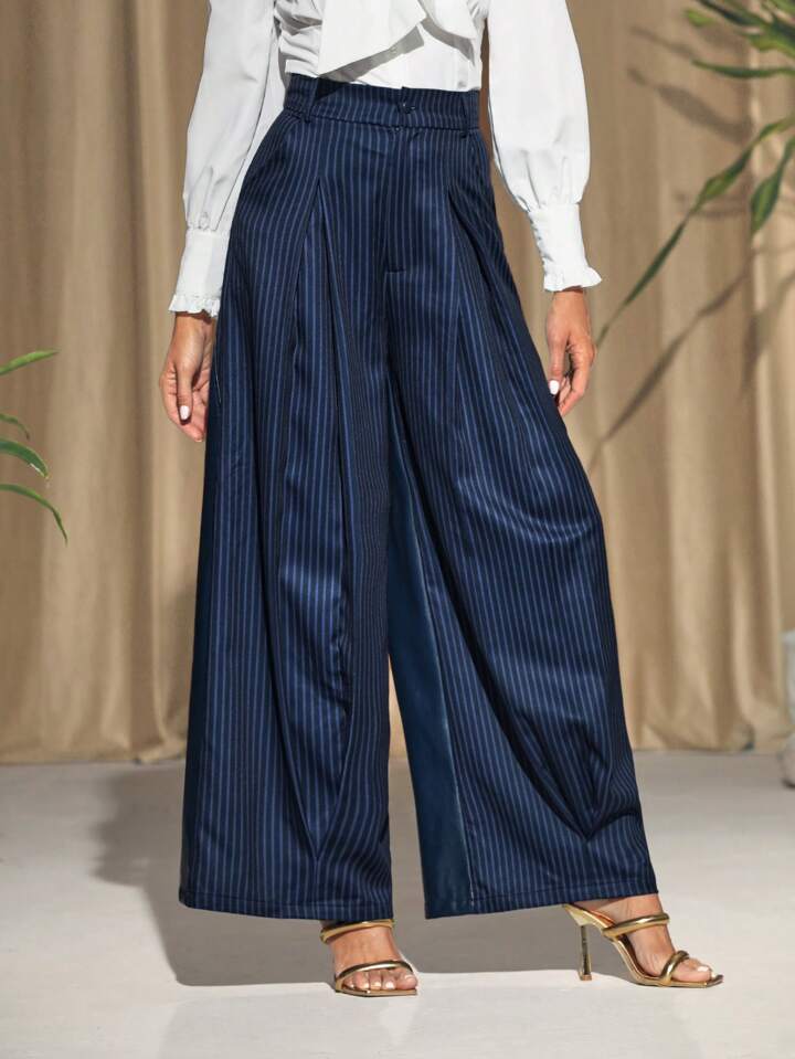 CM-BS482184 Women Elegant Seoul Style Wide Leg Chevron Pleated Pants - Blue