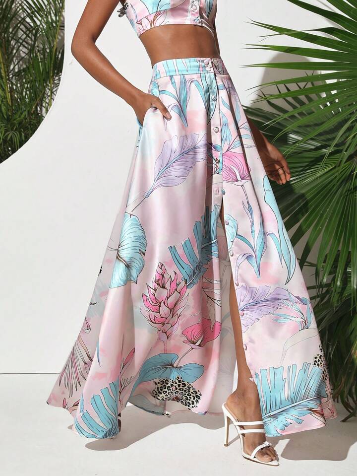 CM-BS708588 Women Trendy Bohemian Style High Waist Botanical Print Long Skirt