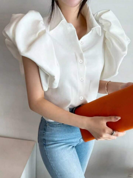 CM-TS984424 Women Casual Seoul Style Solid Color Shirt Collar Puff Sleeve Single-Breasted Blouse - White