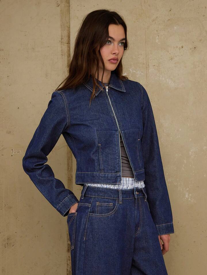 CM-CS494036 Women Casual Seoul Style Dark Wash Zip Front Fitted Crop Denim Jacket