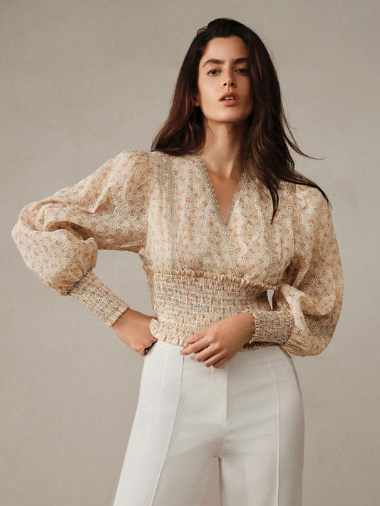 CM-TS818884 Women Trendy Bohemian Style Floral V-Neck Pleated Waist Lantern Sleeve Shirt