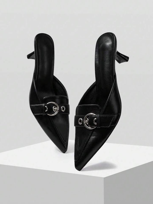 CM-SHS472346 Women Trendy Seoul Style Pointed Toe Buckle Design High Heel Mules - Black