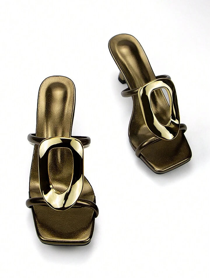 CM-SHS246423 Women Trendy Seoul Style Metallic Buckle Decor Open Toe Mid Heel Mules - Bronze