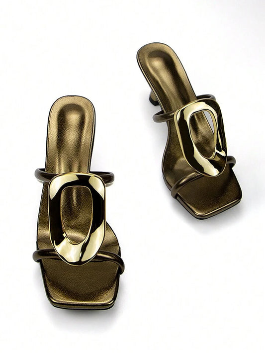 CM-SHS246423 Women Trendy Seoul Style Metallic Buckle Decor Open Toe Mid Heel Mules - Bronze