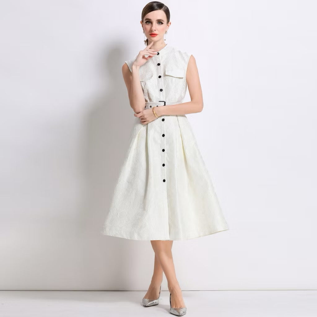CM-DY054300 Women Elegant European Style Stand Collar Sleeveless Slim Mid-Length Dress - Apricot