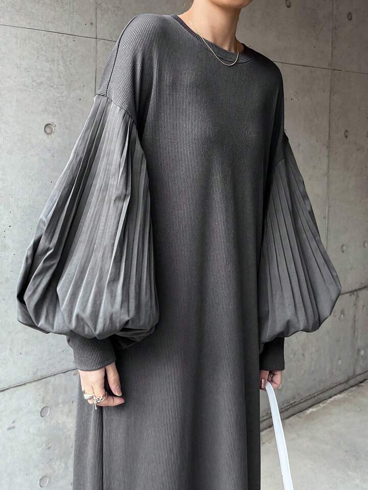 CM-DS455539 Women Casual Seoul Style Solid Color Round Neck Lantern Sleeve Straight Midi Dress - Gray