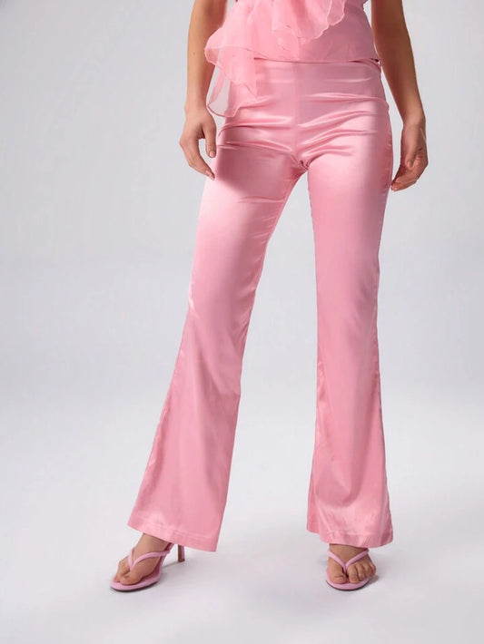 CM-BS510294 Women Elegant Seoul Style Ultra Low Waist Satin Skinny Flared Trousers - Pink