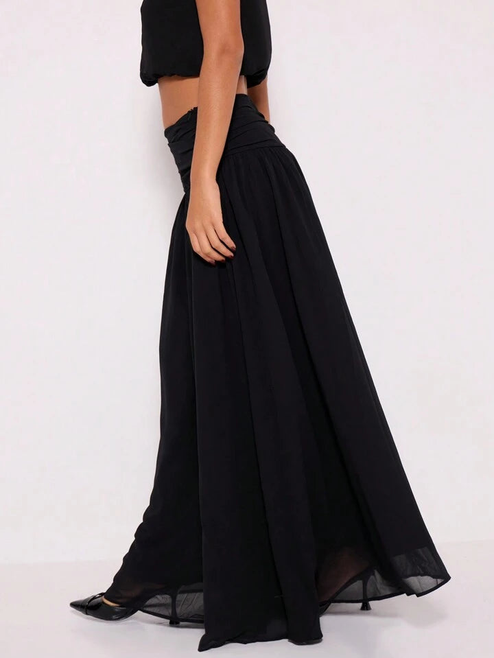 CM-BS754539 Women Trendy Bohemian Style Ruched Waist Chiffon Maxi Skirt - Black