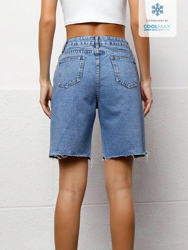 CM-BS619818 Women Casual Seoul Style Medium Wash Solid Color Pocket Frayed Hem Bermuda Denim Shorts