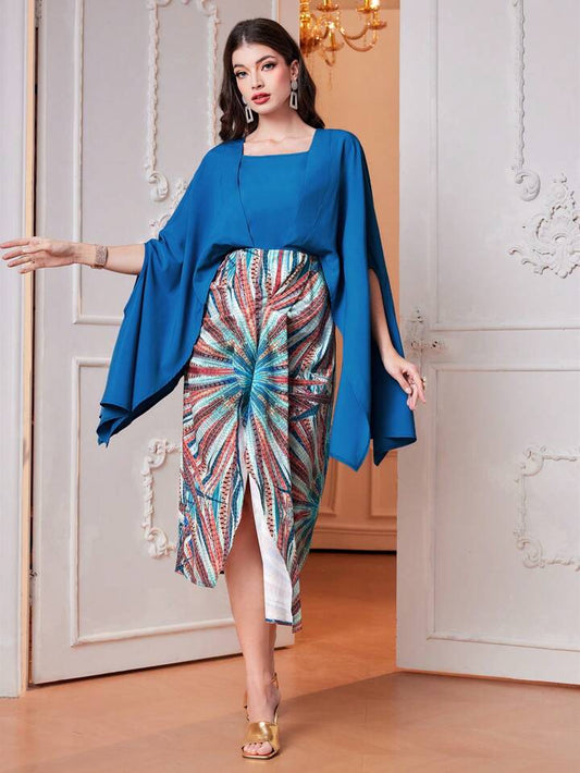 CM-DS011201 Women Elegant Seoul Style Square Neck Patchwork Floral Side Slit Sleeves Dress