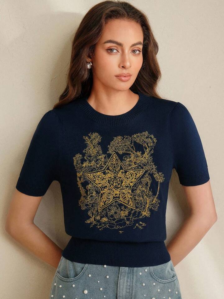 CM-TS520731 Women Casual Seoul Style Stand Collar Short Sleeve Floral Star Embroidered Knitted Shirt Tee - Royal Blue