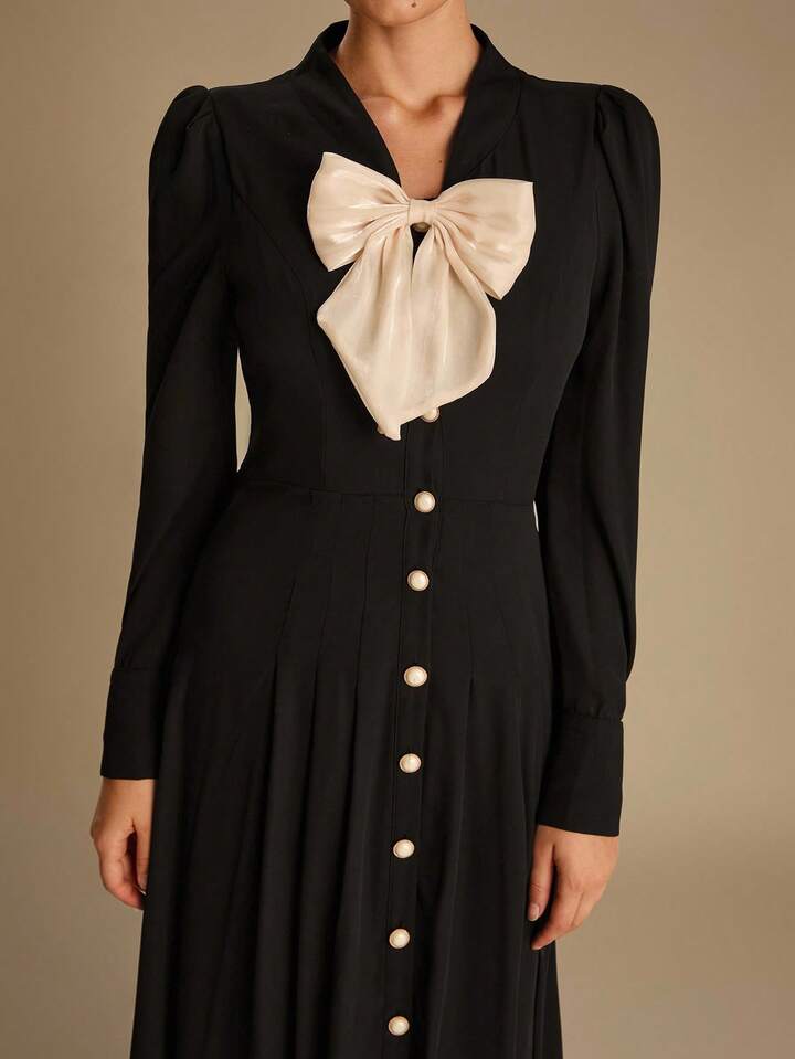 CM-DS166786 Women Elegant Seoul Style Bowknot Decor Tie Neck Long Sleeve Shirt Maxi Dress - Black