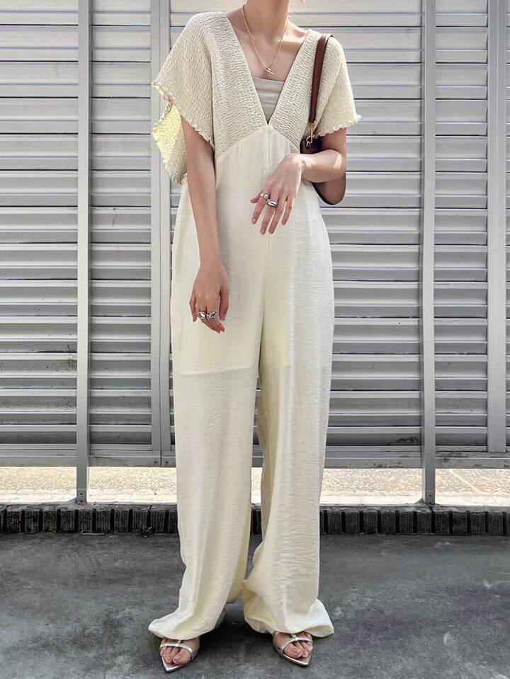 CM-JS653459 Women Trendy Bohemian Style V-Neck With Drawstring Jumpsuit Trousers - Beige