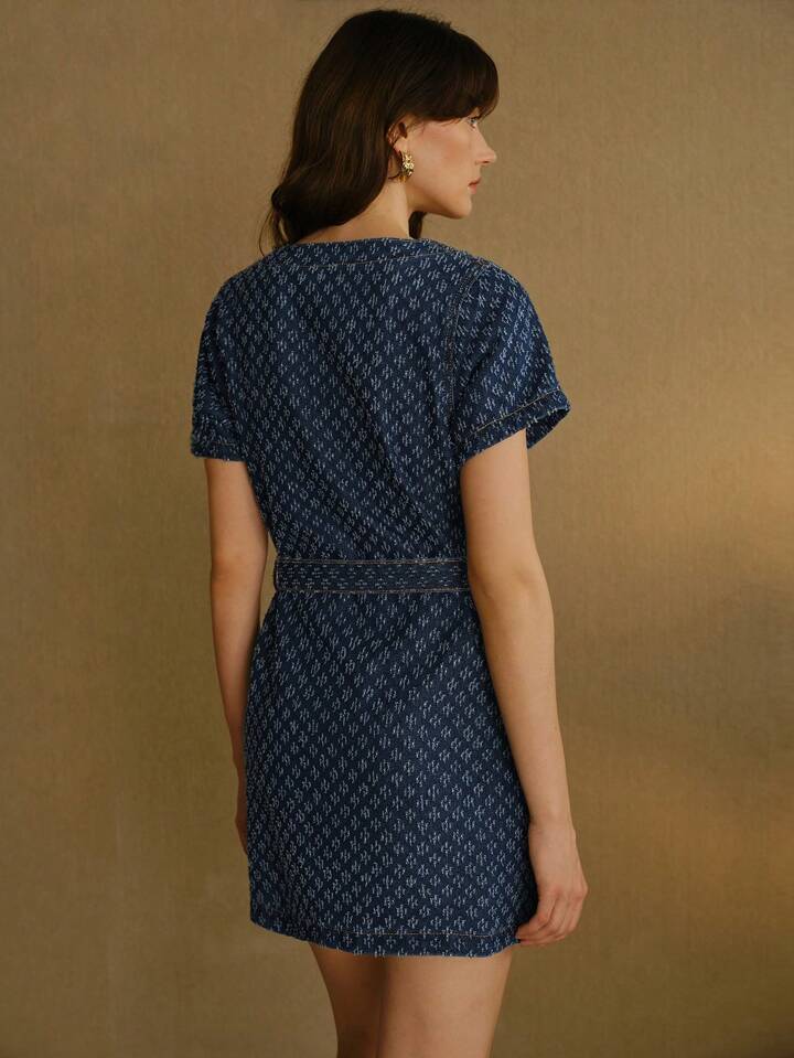 CM-DS258420 Women Casual Seoul Style Square Neck Flap Detail Buckle Belted Swiss Dot Denim Dress