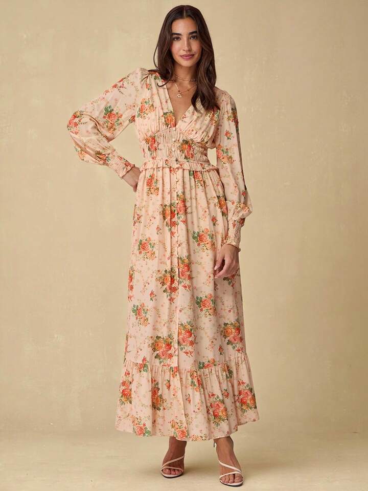 CM-DS402014 Women Elegant Seoul Style Floral Print V-Neck Long Sleeve High Waist Maxi Dress - Orange