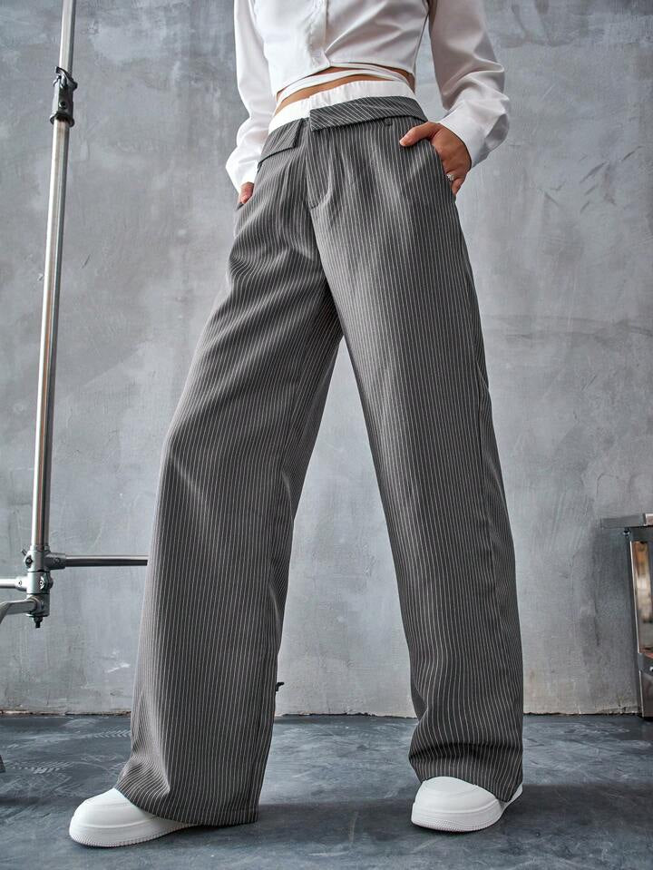 CM-BS483747 Women Casual Seoul Style Colorblock High Waist Wide-Leg Striped Pants