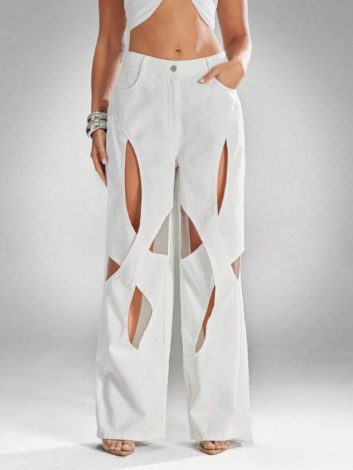 CM-BS332004 Women Casual Seoul Style Low Waist Straight Leg Cut Out Design Denim Jeans - White