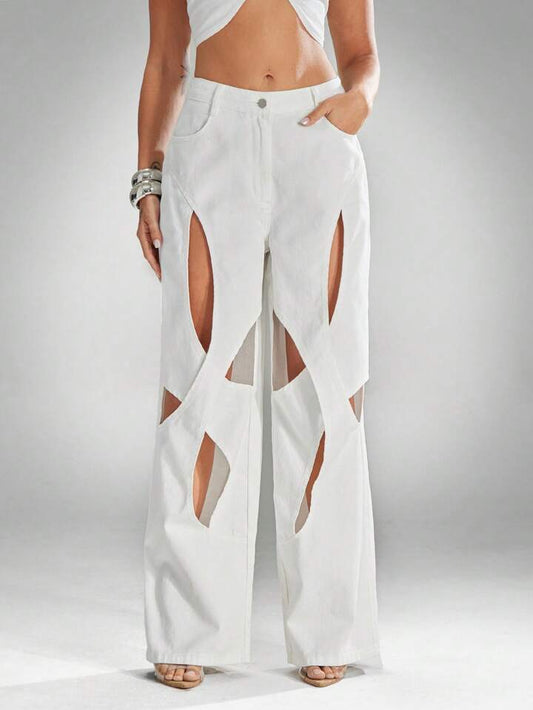 CM-BS332004 Women Casual Seoul Style Low Waist Straight Leg Cut Out Design Denim Jeans - White