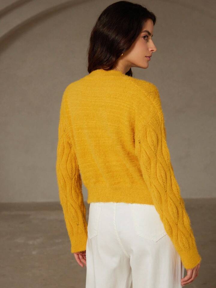 CM-CS125063 Women Elegant Seoul Style Solid Color Argyle Pattern Crew Neck Long Sleeve Rib-Knit Cardigan - Yellow