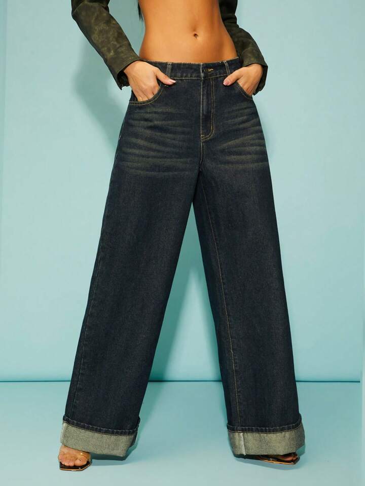 CM-BS841161 Women Elegant Seoul Style Dark Wash Front Button Pocket Wide Leg Jeans