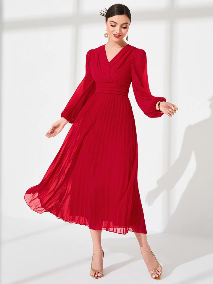 CM-DS747745 Women Elegant Seoul Style Surplice V-Neck High Waist Pleated Hem A-Line Dress - Red