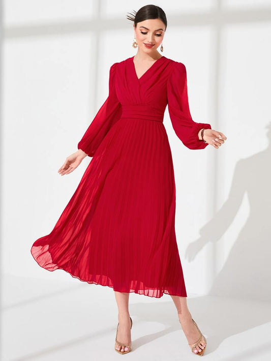 CM-DS747745 Women Elegant Seoul Style Surplice V-Neck High Waist Pleated Hem A-Line Dress - Red