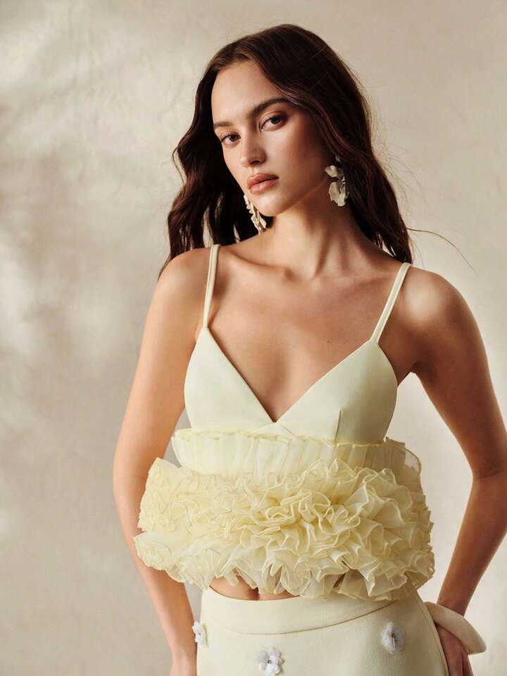 CM-TS564794 Women Elegant Seoul Style Solid Color Knit Patchwork Multi-Layer Ruffle Organza Camisole Top - Light Yellow