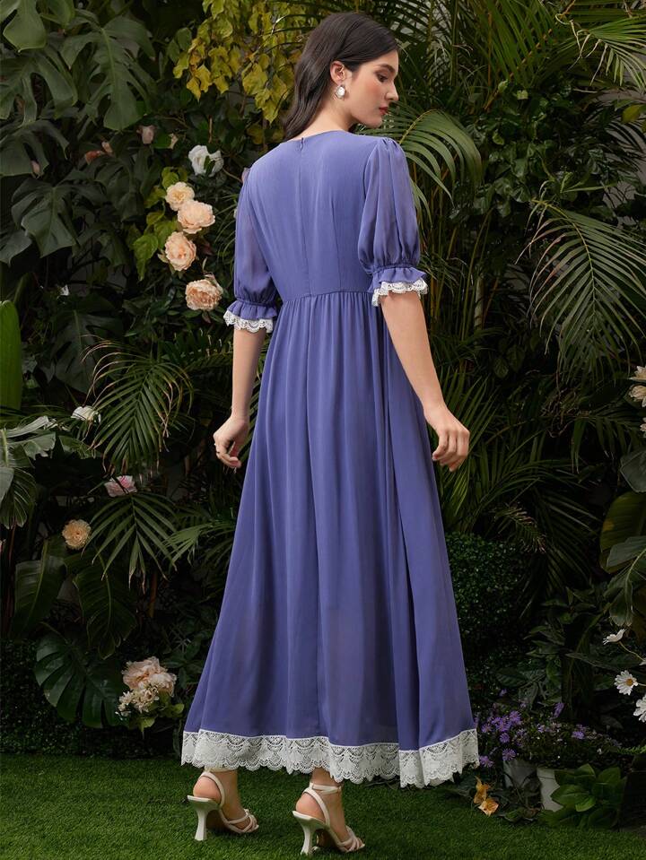 CM-DS187545 Women Casual Seoul Style Contrast Color Lace Trimmed Round Neck Dress