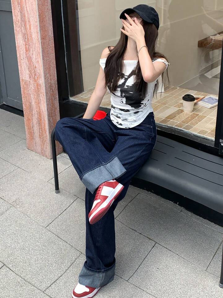 CM-BS770267 Women Casual Seoul Style Dark Wash Mid Waist Distressed Wide Leg Denim Jeans