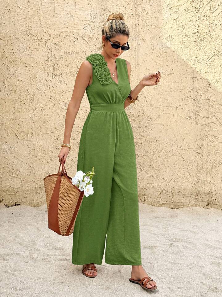 CM-JS623438 Women Trendy Bohemian Style Linen 3D Floral Decor V-Neck Sleeveless Wide Leg Jumpsuit - Green