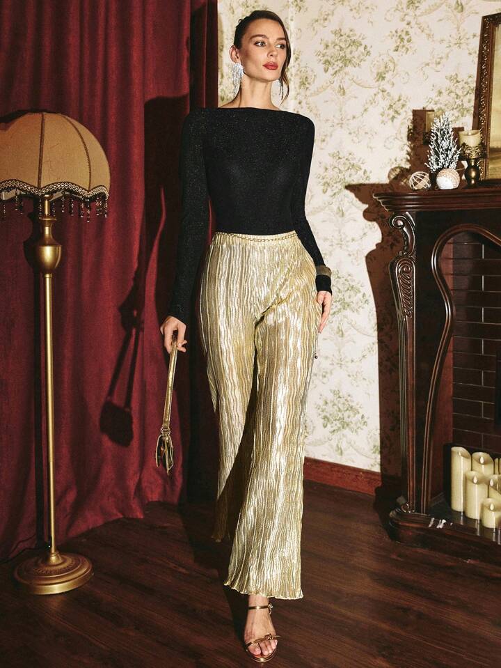 CM-BS120210 Women Elegant Seoul Style Elastic Waist Pleated Straight Loose Pants - Gold