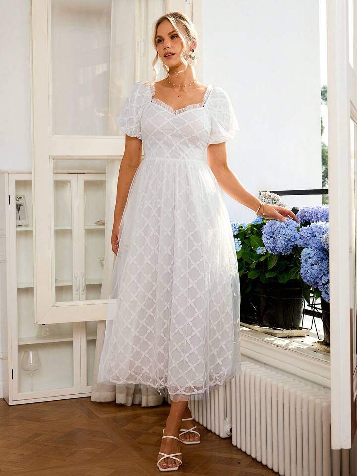 CM-DS057651 Women Elegant Seoul Style Sweetheart Neckline Puff Sleeve Mesh Tulle Dress - White