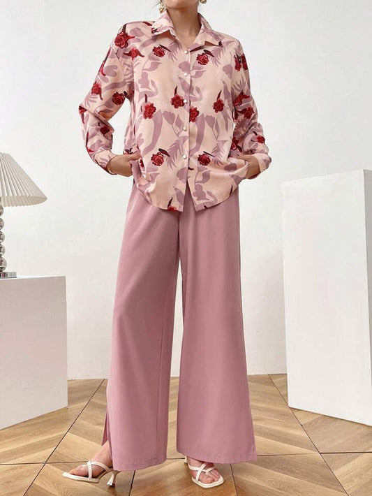 CM-SS278949 Women Casual Seoul Style Floral Front Button Long Sleeve Blouse With Pants - Sets