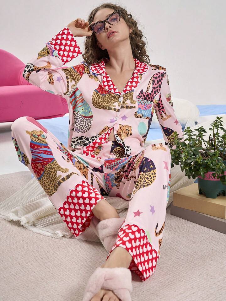 CM-LS551783 Women Trendy Seoul Style Printed Long Sleeve Button Up Top With Pants Pajama Set - Pink