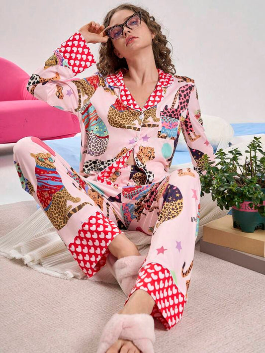 CM-LS551783 Women Trendy Seoul Style Printed Long Sleeve Button Up Top With Pants Pajama Set - Pink