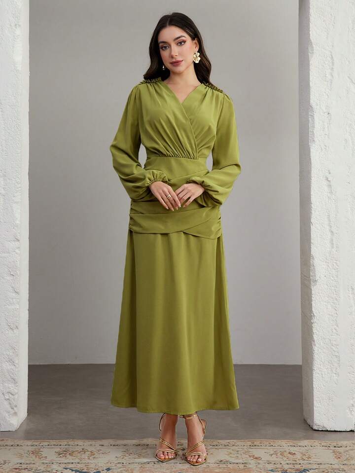 CM-DS969151 Women Elegant Seoul Style V-Neck Bishop Sleeve Cinched Waist A-Line Maxi Dress - Green